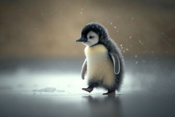 Baby penguin walking through the snow, Generative AI