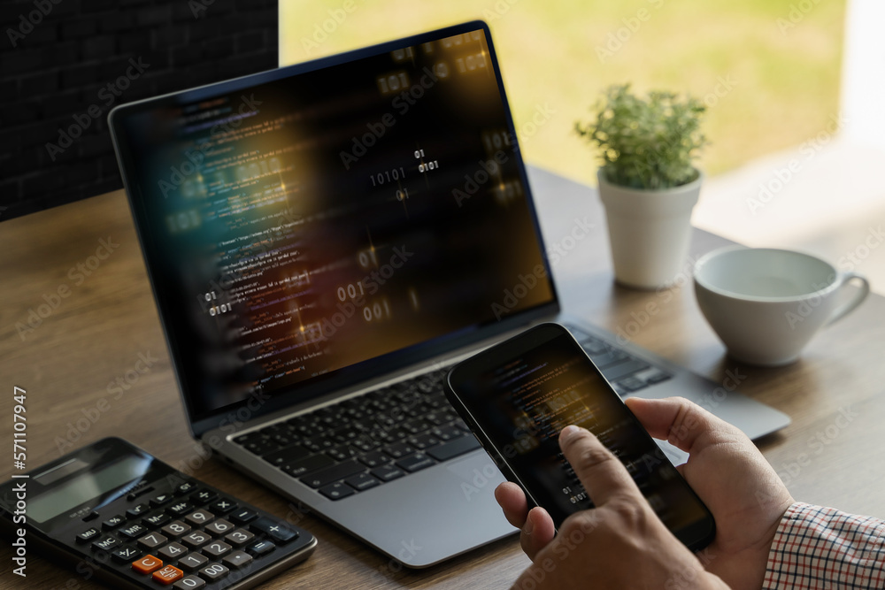 Poster software engineer working on a laptop website application development technology concepts 