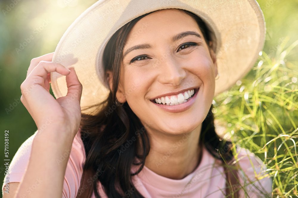 Canvas Prints Portrait, woman and smile on countryside vacation, Canadian girl and weekend break. Face, female tourist and lady with happiness, carefree and freedom on holiday, tourism and outdoor with joy and fun