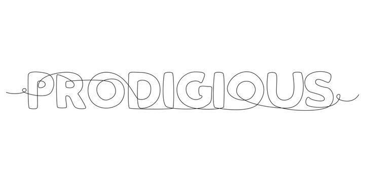 One continuous line of Prodigious word. Thin Line Illustration vector concept. Contour Drawing Creative ideas.