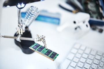 Microchip, technology and engineering with computer maintenance and IT, motherboard and circuit board. Tech support, repair drive and semiconductor with science, hardware and electronics in lab