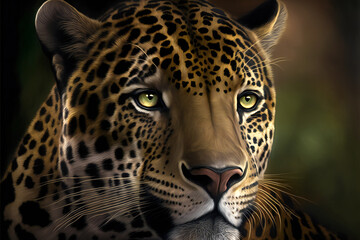 Fototapeta na wymiar Jaguar portrait on dark background, creative digital illustration, Generative AI