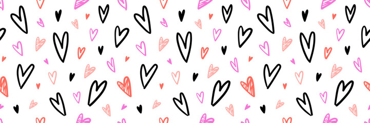 Colorful sketch hearts seamless pattern for surface, wrapping paper, textile, clothes, bags, backpacks, packaging, gift boxes. Vector illustration.