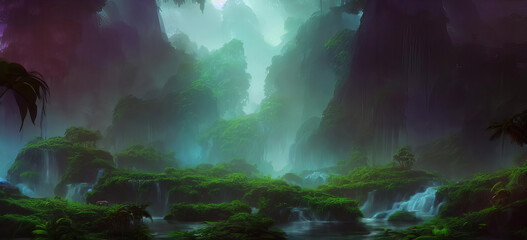 Obraz na płótnie Canvas Foggy Dark Exotic Tropical Jungle Concept