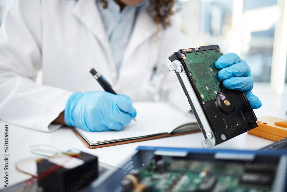Poster hands, technician and motherboard from computer, laptop or pc in cyber crime investigation, analysis