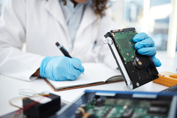 Hands, technician and motherboard from computer, laptop or pc in cyber crime investigation,...