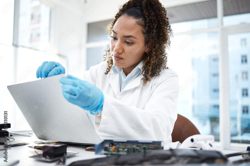 Aufkleber Black woman, computer motherboard or system for technician in cyber crime investigation at laboratory. Information technology engineer, laptop or lab for programmer with data analysis for IT solution