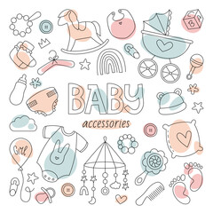 Baby accessories in line art icons set. Products for toddlers development and education. Trend stroller and clothes