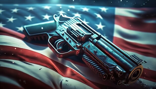 American flag with a pistol gun. 4th of July Memorial or Independence day background. Generative AI technology.	