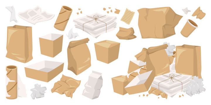 Sorted paper garbage flat icons set. Cardboard boxes, coffee cup, newspapers waste sorting and recycling