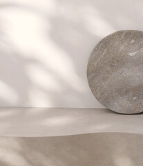 Blank beige brown cement curve counter podium with texture, soft dappled sunlight, leaf shadow on white wall, gray flat round rock for luxury organic cosmetic, skincare, beauty product background 3D