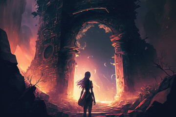 Fototapeta premium Young Woman Stands in Front of the Archway, Digital Art Style