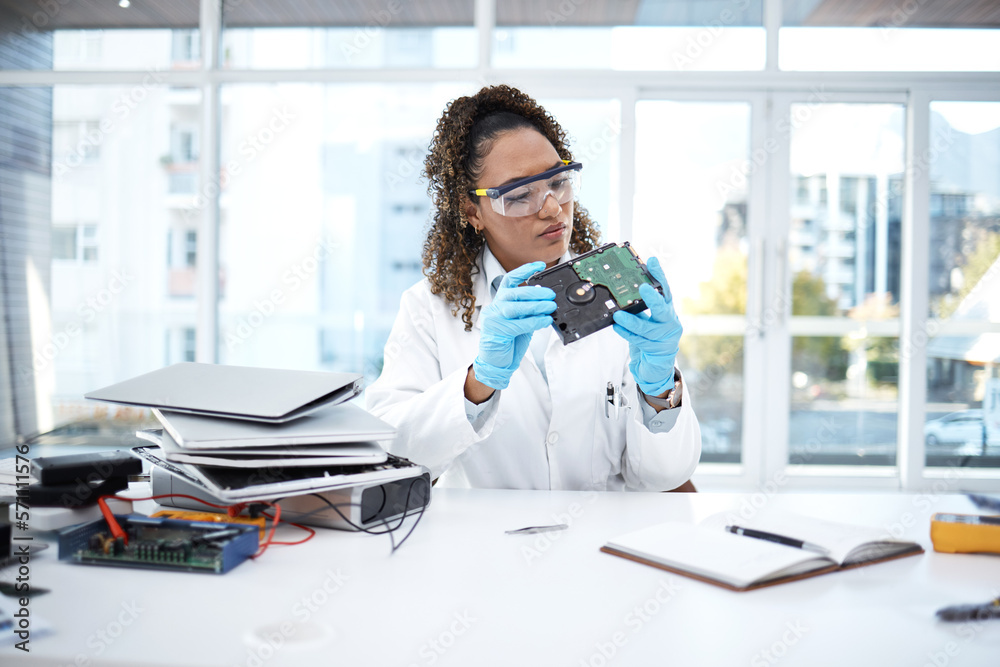 Aufkleber Computer hardware, programming and black woman electrician working on electronic cpu, circuit and microchip. Technology system, it repair and engineer for coding, motherboard and processor inspection