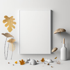 Mockup photo frame, autumn leaves and wild mushrooms, AI Generaion