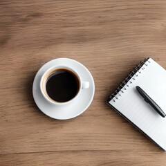 cup of coffee on a table with a notebook and pen made with generative ai
