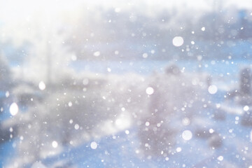 Blurred snow background. Winter landscape. Trees and plants covered with snow.