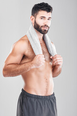 Health, fitness and body portrait of man with towel on neck, sports workout and hygiene isolated on...