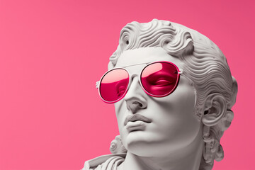 Gypsum statue head in sunglasses on a pink background illustration