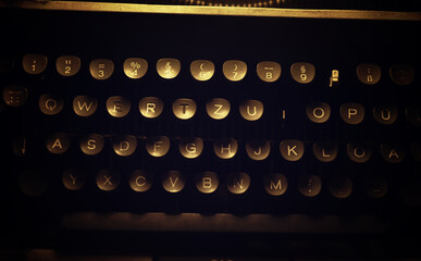 Letters on the keys of an old typewriter. Antique Typewriter. Vintage Typewriter Machine