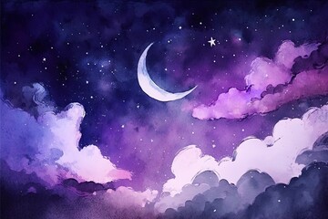 Fototapeta na wymiar Sky with stars and moon, watercolor with Generative AI