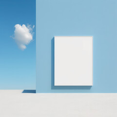 Wall poster mockup clear blue sky with white puffy clouds AI generation.