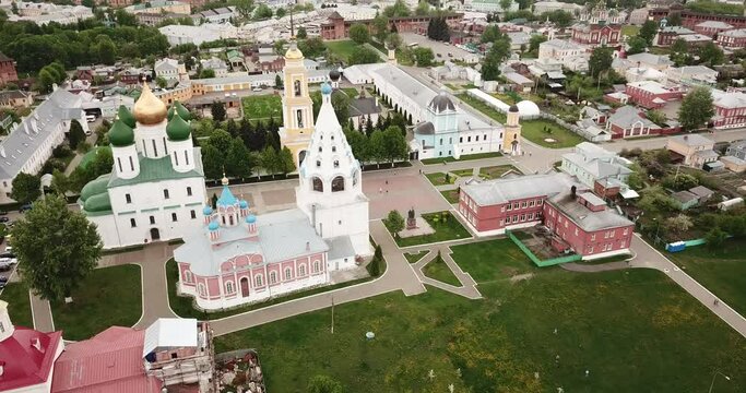 Panoramic view from drone of the church and temple of city Kolomna. Russia