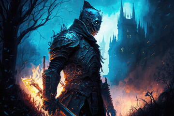 Fototapeta na wymiar The Gothic Knight Standing in Front of the Castle, digital art style