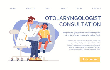 Otolaryngology checks ears of child with hearing loss or earache using otoscope. Prevention, diagnosis, treatment of ENT diseases. Vector flat cartoon illustration. Web template, landing page, website
