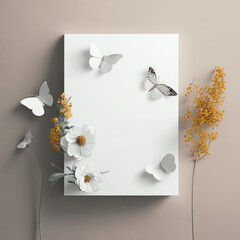 Mockup photo frame, butterflies and flowers AI Generaion