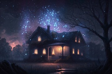 Fototapeta na wymiar A cozy and mystical night scene of a house surrounded by a spellbinding shower of starfall and a warm glow of magic.