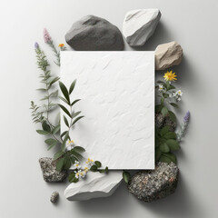 Sheet of papper background mockup, floral foliage and stones AI generation