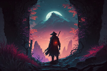 The Samurai Warrior in the Mountain Landscape, digital art style
