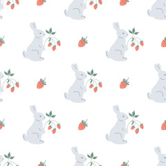Seamless pattern with cute rabbit and wild strawberries.