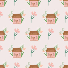 Seamless pattern with houses and spring flowers, on a pink background.
