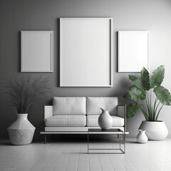 Modern living room with mock up poster frames, Contemporary style, 3D render, 3D illustration