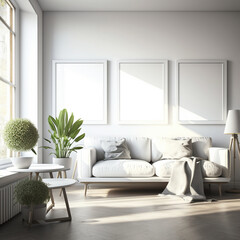 Modern living room with mock up poster frames, Contemporary style, 3D render, 3D illustration