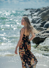 Beautiful girl on sea. Travel and vacation. Sensual beautiful woman with perfect body. Marine style. Sexy woman slim body wear swimsuit. Summer vacation sea and sun tan.