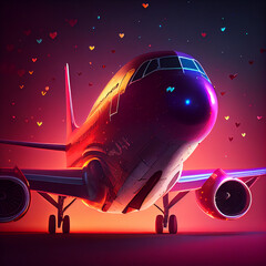 Fototapeta premium Airplane Landed and Parked on a Runway in the Night Sky with Hearts for Valentine's Day, Lovers, and Relationships with Cinematic Lighting, created with generative ai technology