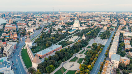 Fototapeta na wymiar Astrakhan, Russia. Cathedral of the Assumption of the Blessed Virgin. Astrakhan Kremlin during sunset, Aerial View