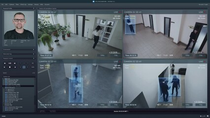 Playback office CCTV cameras on computer screen. Interface of AI program with facial recognition and personal profile with information about people. Security camera with face scanning system. Big data