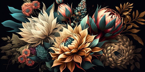 Fototapeta na wymiar Fantasy Vintage Botanical Flower Bunch Painting for Flora Digital Print Wallpaper AI Generated