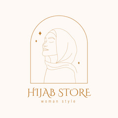 Logo design for hijab store. Abstract arabian woman with closed eyes. Hand drawn outline female silhouette in muslim headdress. Vector illustration in one line style.