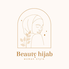 Beauty hijab logo template. Elegant female portrait in trendy minimalist style. Linear vector illustration.