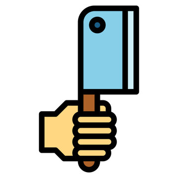 hand holding cleaver, blue blade, brown handle clip art preview