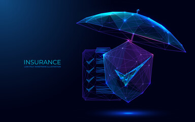 Digital Insurance and Assurance Concept. 3D Check Mark Shield and Checklist are under Protective Umbrella. Polygonal Technology Futuristic Vector Illustration on a Dark Background. EPS 10.