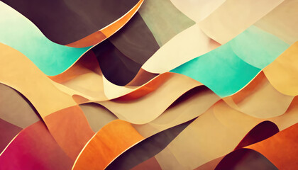 Obraz premium Color block abstract background. Curl layers. Orange cyan blue pink curve shape mosaic pattern contemporary ornament art illustration.