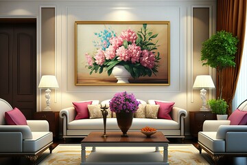 Realistic living room Gorgeous sofa painting in wall Generative AI