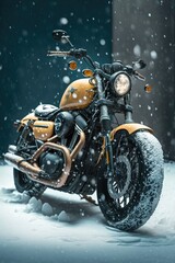 Fototapeta na wymiar Realistic motorcycle standing in snow very detailed Generative AI