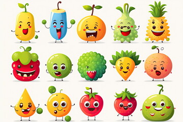 cartoon characters of fruit, happy and smile, cute fruit monsters, white background, vector illustration, Made by AI,Artificial intelligence