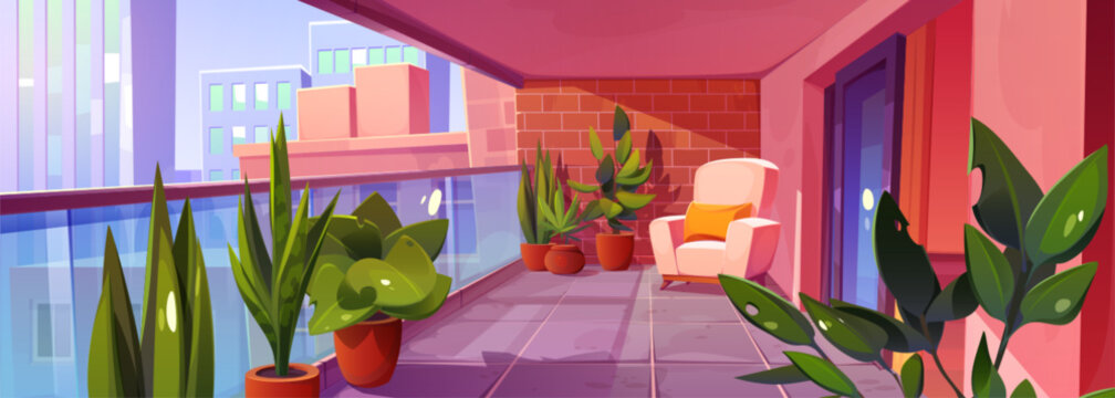 Homey Interior Of Balcony With Garden And Furniture For Lounge. Summer Terrace With Green Plants And Flowers In Pots, Glass Fence And Chair, Urban Buildings Outside, Vector Cartoon Illustration